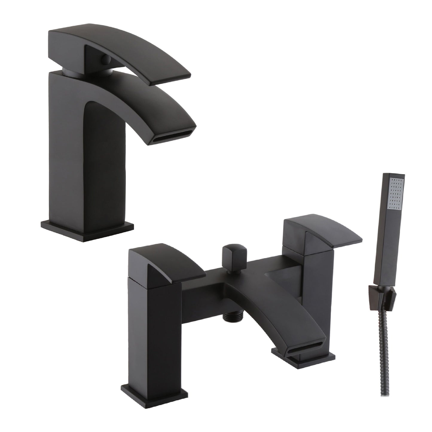[BTT904245BL] Contemporary Waterfall Mono Basin Mixer Tap and Bath Shower Mixer Tap Set - Black - Cutout