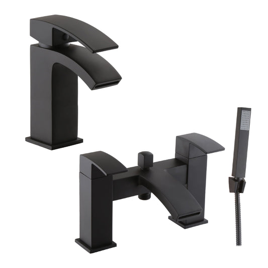 [BTT904245BL] Contemporary Waterfall Mono Basin Mixer Tap and Bath Shower Mixer Tap Set - Black - Cutout
