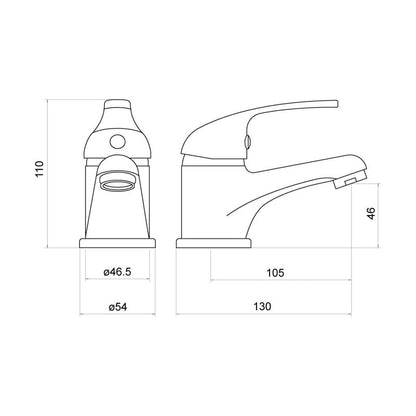 [BTTT002] Standard Single Lever Mono Basin Mixer Tap - Chrome - Technical Drawing
