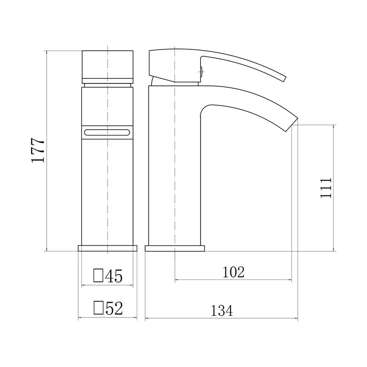 [BTTT1002] Contemporary Bathroom Curved Spout Mono Basin Mixer Tap - Black - Technical Drawing