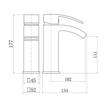 [BTTT1002] Contemporary Bathroom Curved Spout Mono Basin Mixer Tap - Black - Technical Drawing