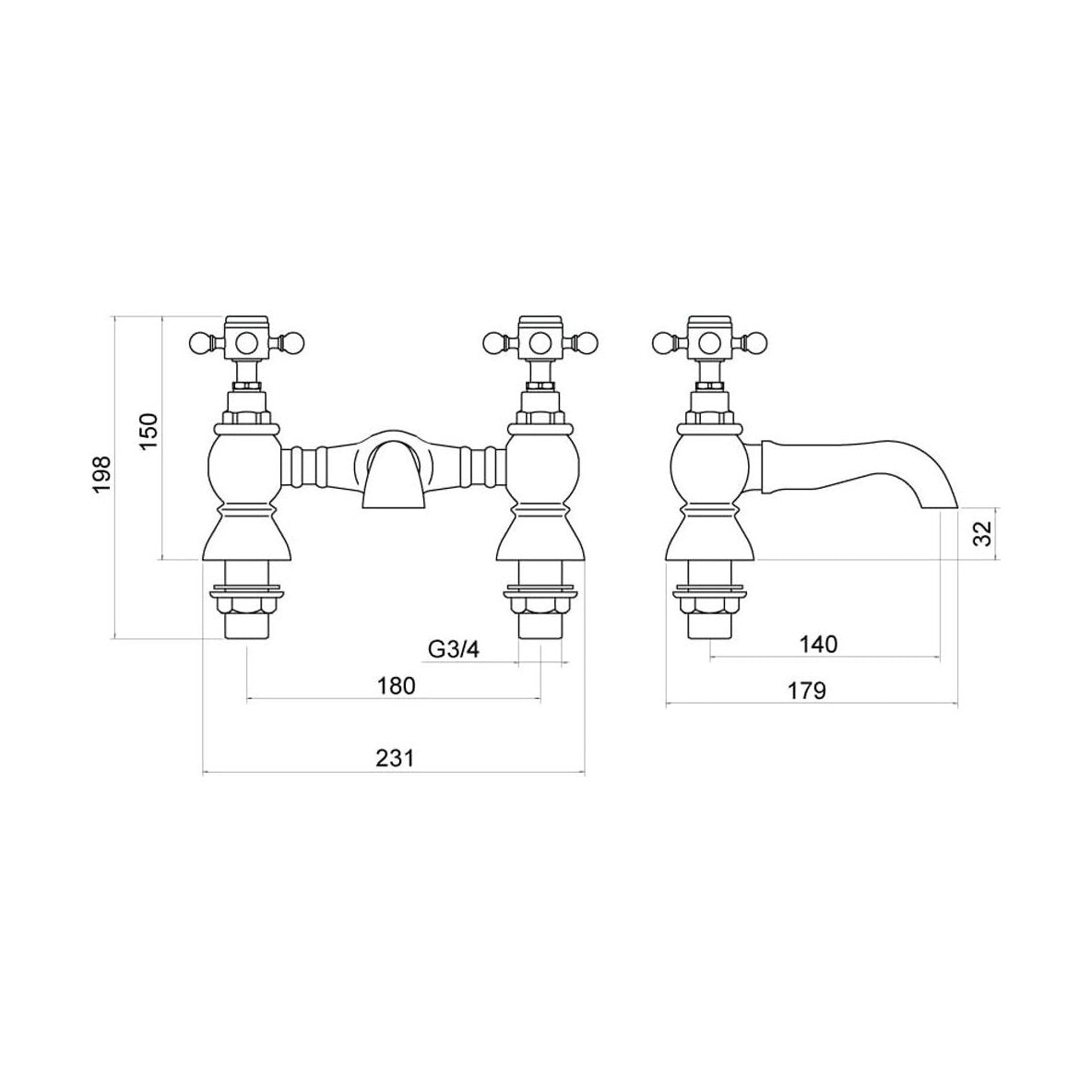[BTTT105] Traditional Bathroom Deck Mounted Bridge Bath Filler Tap - Crosshead Handles - Chrome - Technical Drawing