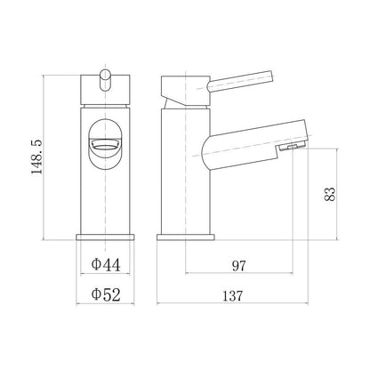 [BTTT1102] Modern Bathroom Round Minimalist Mono Basin Mixer Tap - Black - Technical Drawing