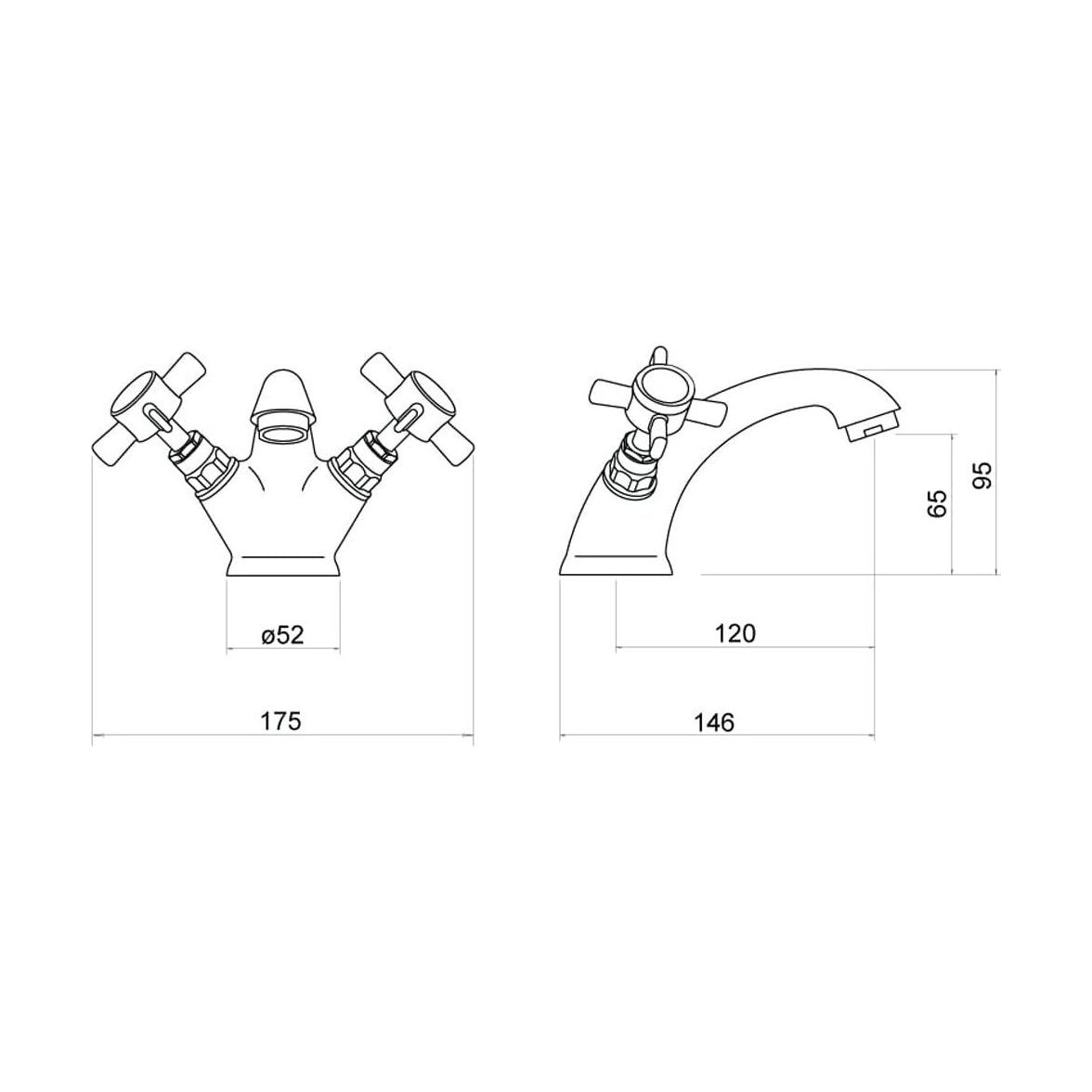 [BTTT202] Traditional Crosshead Mono Basin Mixer Tap - Chrome - Technical Drawing