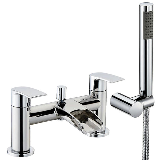 Modern Bathroom Waterfall Spout Deck Mounted Bath Shower Mixer Tap and Kit - Chrome