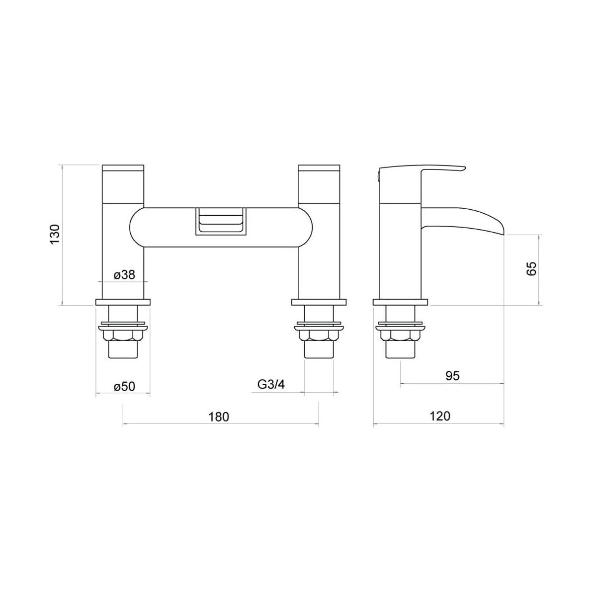 [BTTT305] Modern Bathroom Waterfall Spout Deck Mounted Bath Filler Tap - Chrome - Technical Drawing