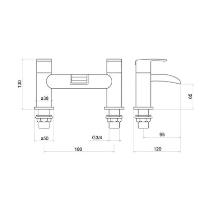 [BTTT305] Modern Bathroom Waterfall Spout Deck Mounted Bath Filler Tap - Chrome - Technical Drawing