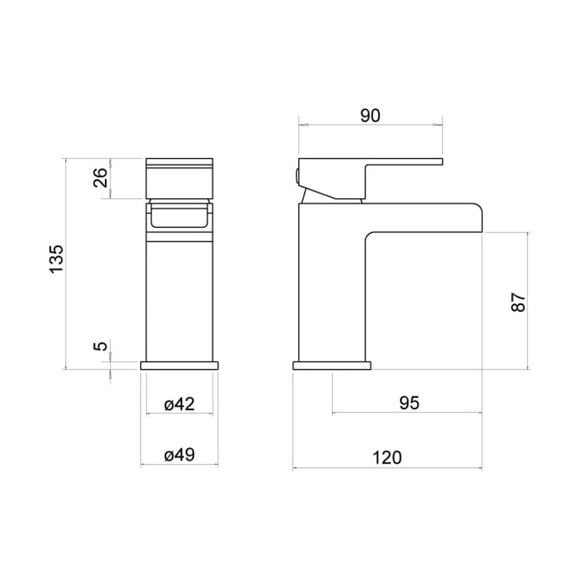 [BTTT402] Modern Bathroom Single Lever Square Waterfall Spout Mono Basin Mixer Tap - Chrome - Technical Drawing