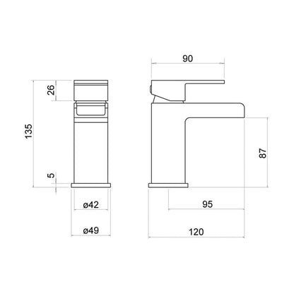 [BTTT402] Modern Bathroom Single Lever Square Waterfall Spout Mono Basin Mixer Tap - Chrome - Technical Drawing