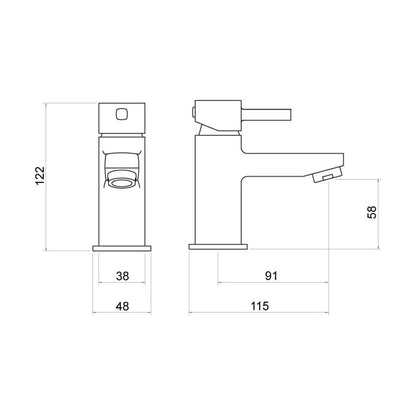 [BTTT601] Contemporary Bathroom Mono Basin Tap – Square Lever, 259.5 x 134mm, Chrome - Technical Drawing