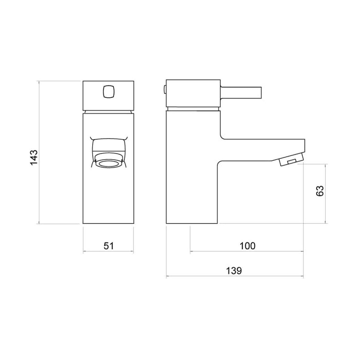[BTTT602] Contemporary Bathroom Soft Square Mono Basin Mixer Tap - Chrome - Technical Drawing