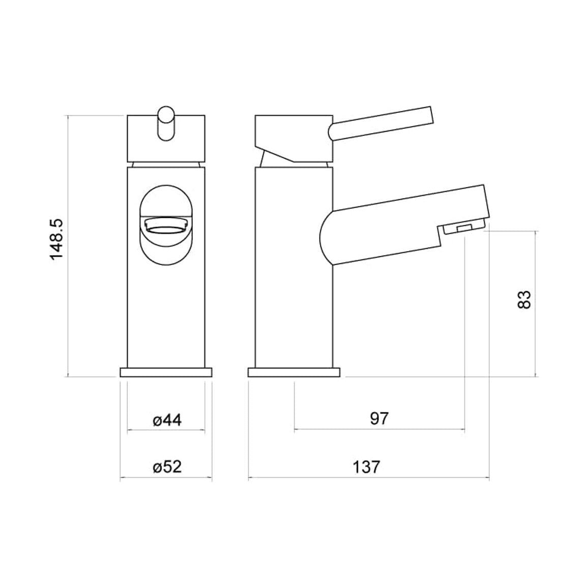 [BTTT702] Contemporary Minimalist Round Mono Basin Mixer Tap - Chrome - Technical Drawing