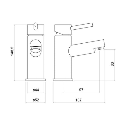 [BTTT702] Contemporary Minimalist Round Mono Basin Mixer Tap - Chrome - Technical Drawing