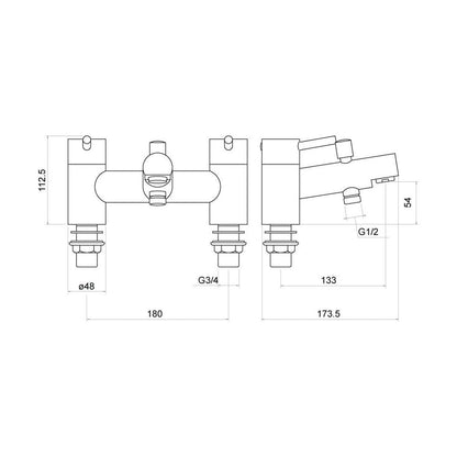 [BTTT704] Contemporary Minimalist Round Deck Mounted Bath Shower Mixer Tap with Kit - Chrome - Technical Drawing