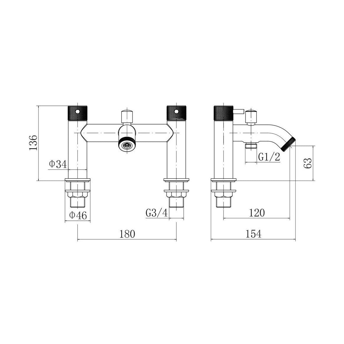 [BTTT752] Round Deck Mounted Bath Shower Mixer Tap with Industrial Style Detailing - Chrome - Technical Drawing