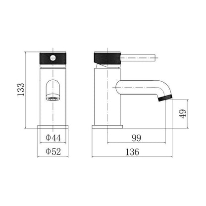 [BTTT760] Round Mono Basin Mixer Tap with Industrial Style Detailing - Black - Technical Drawing