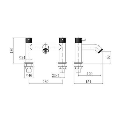 [BTTT761] Round Deck Mounted Bath Filler Tap with Industrial Style Detailing - Black - Technical Drawing