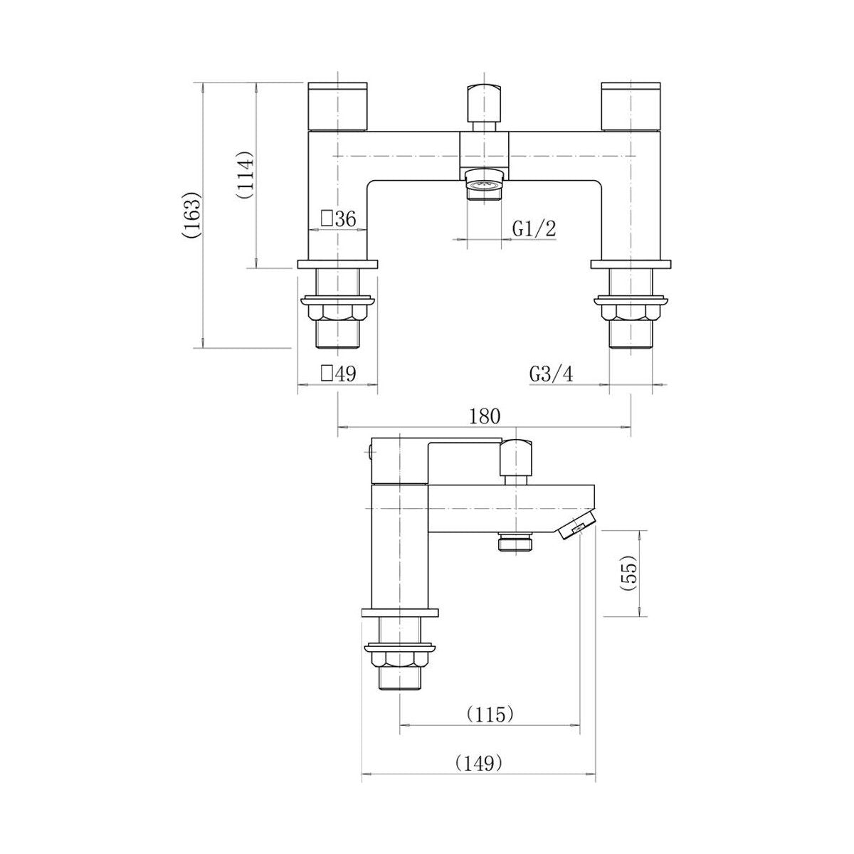 [BTTT904] Hiron Bath Shower Mixer cw Shower Kit - Technical Drawing