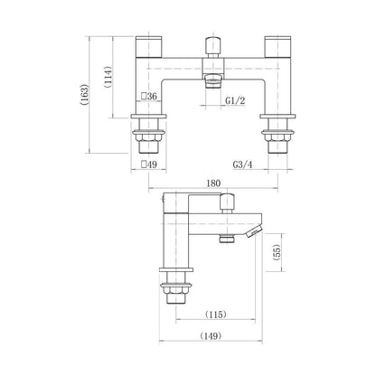 [BTTT904] Hiron Bath Shower Mixer cw Shower Kit - Technical Drawing