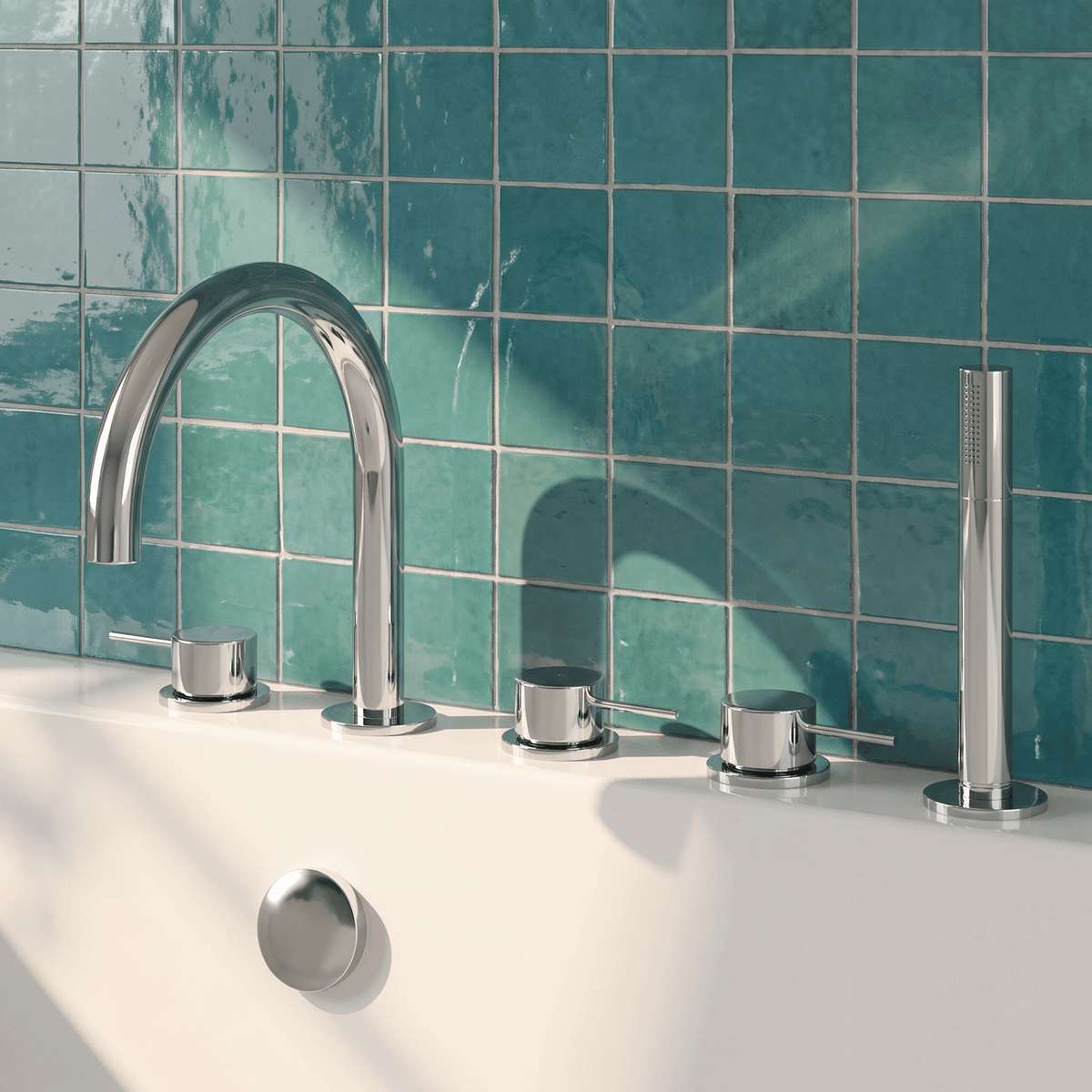 [BTV314C] Penkhull Contemporary 5 Tap Hole Deck Mounted Bath Shower Mixer Tap with Minimalist Lever Handles and Shower Kit - Choice of Spout and Colour - Lifestyle 1