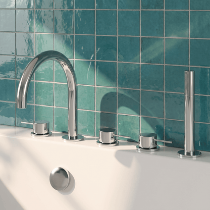 [BTV314C] Penkhull Contemporary 5 Tap Hole Deck Mounted Bath Shower Mixer Tap with Minimalist Lever Handles and Shower Kit - Choice of Spout and Colour - Lifestyle 1