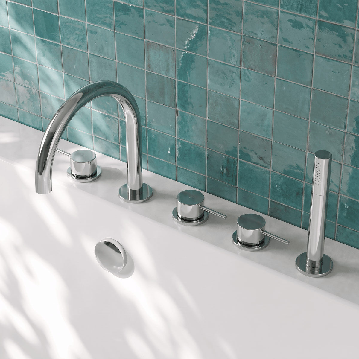 [BTV314C] Penkhull Contemporary 5 Tap Hole Deck Mounted Bath Shower Mixer Tap with Minimalist Lever Handles and Shower Kit - Choice of Spout and Colour - Lifestyle 2