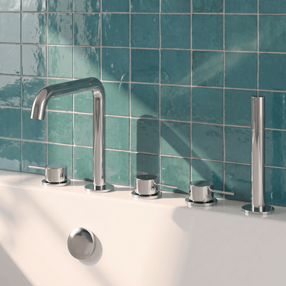 [BTV314P] Penkhull Contemporary 5 Tap Hole Deck Mounted Bath Shower Mixer Tap with Minimalist Lever Handles and Shower Kit - Choice of Spout and Colour - Lifestyle 1