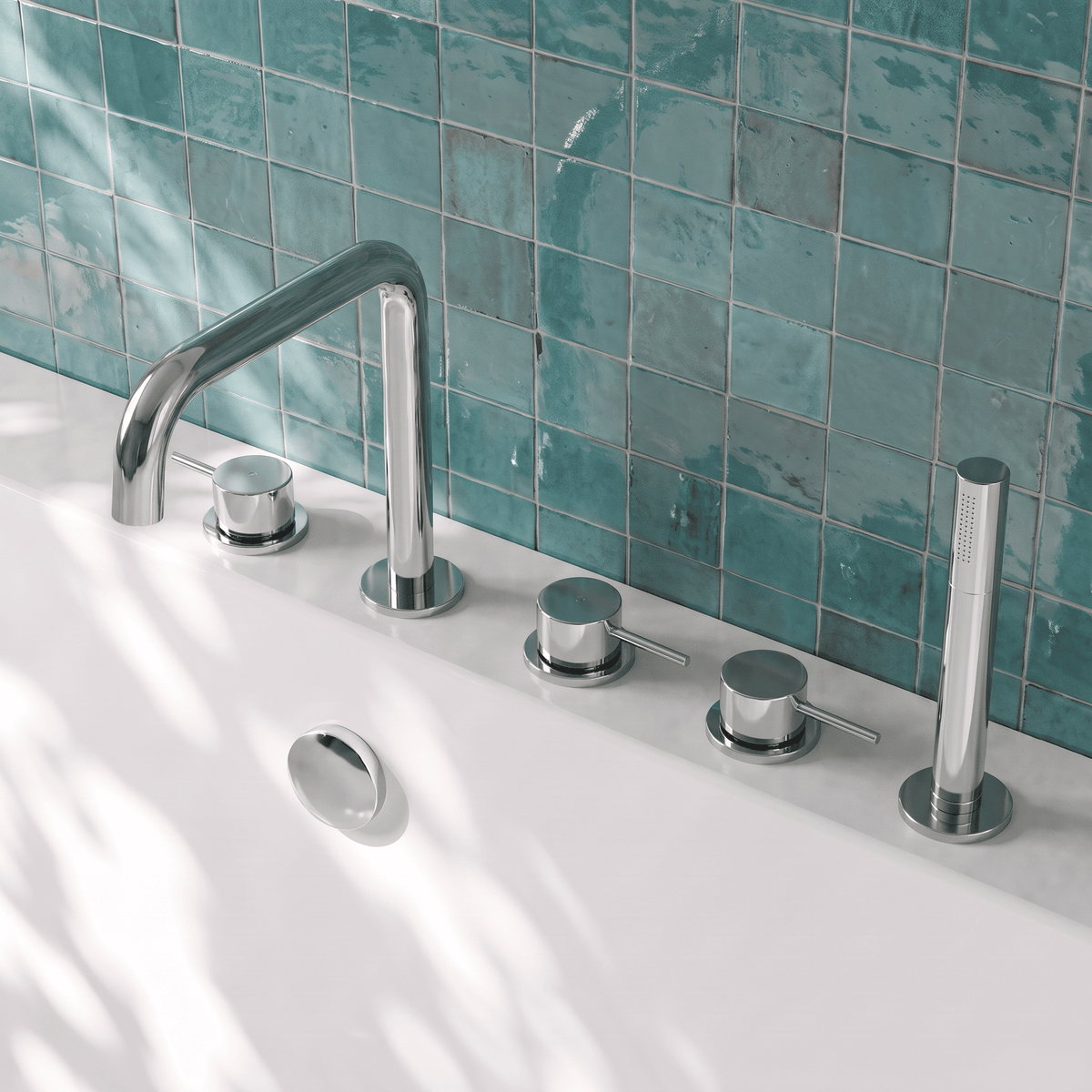 [BTV314P] Penkhull Contemporary 5 Tap Hole Deck Mounted Bath Shower Mixer Tap with Minimalist Lever Handles and Shower Kit - Choice of Spout and Colour - Lifestyle 2
