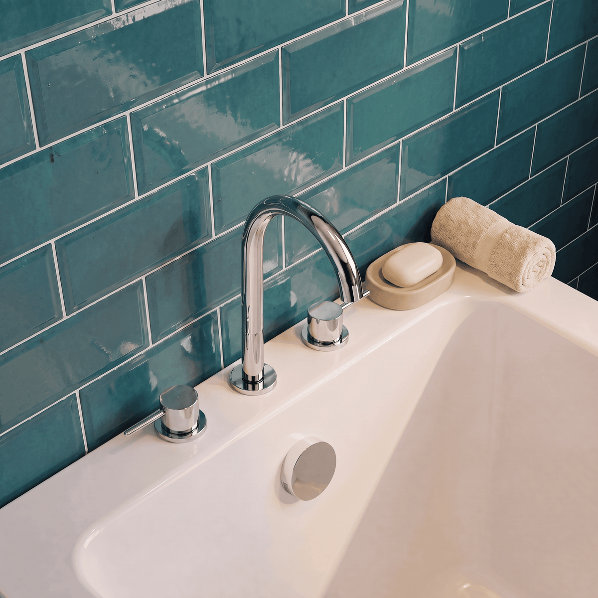 [BTV333C] Penkhull Contemporary 3 Tap Hole Deck Mounted Bath Mixer Tap with Minimalist Lever Handles - Choice of Spout and Colour - Lifestyle 2