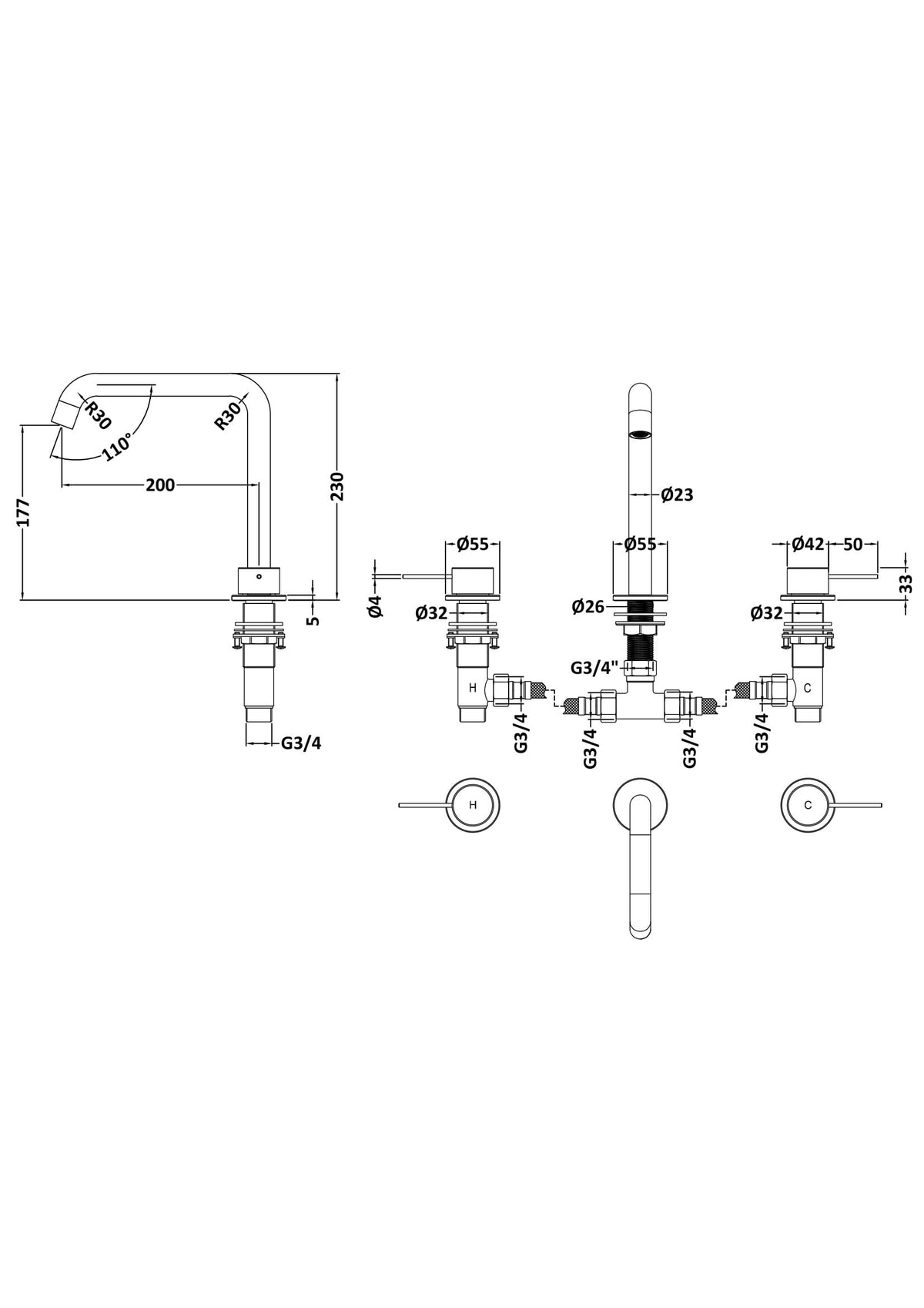 [BTV333P] Penkhull Contemporary 3 Tap Hole Deck Mounted Bath Mixer Tap with Minimalist Lever Handles - Choice of Spout and Colour - Line Drawing