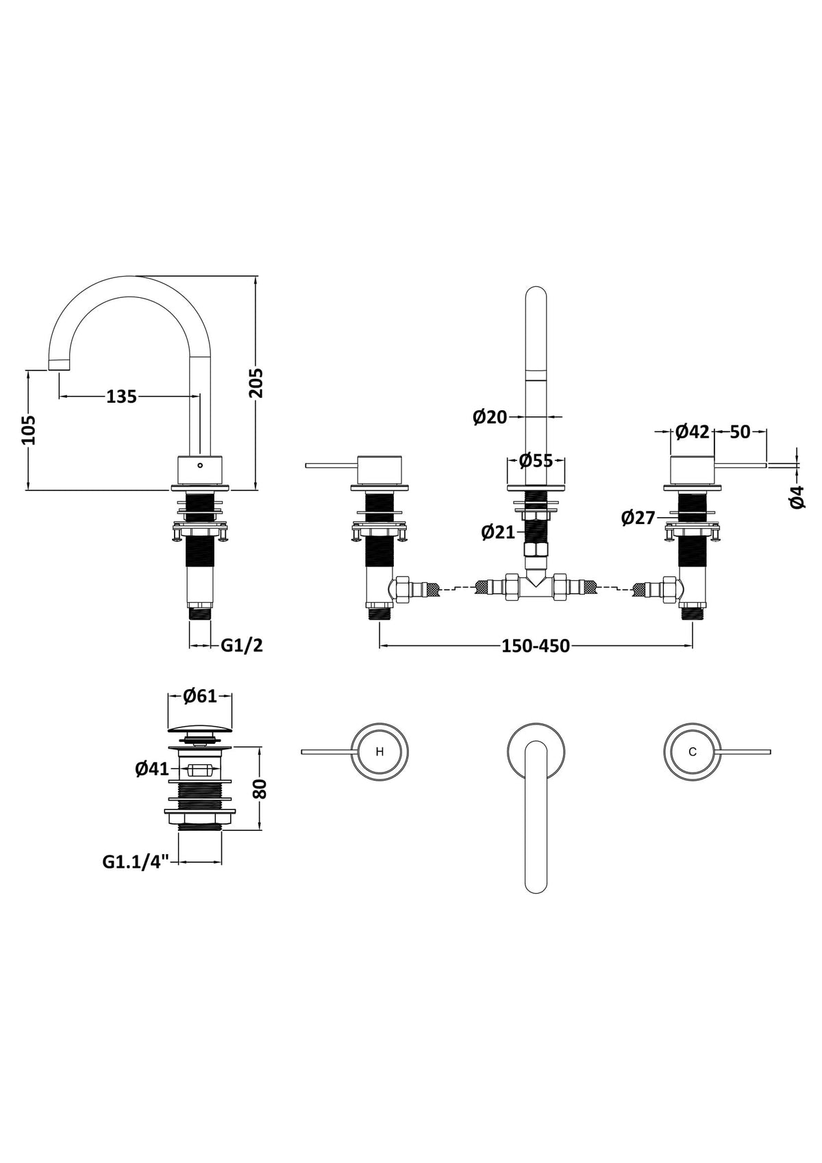 [BTV337C] Penkhull Contemporary 3 Tap Hole Basin Mixer Tap with Minimalist Lever Handles and Waste - Choice of Spout and Colour - Line Drawing