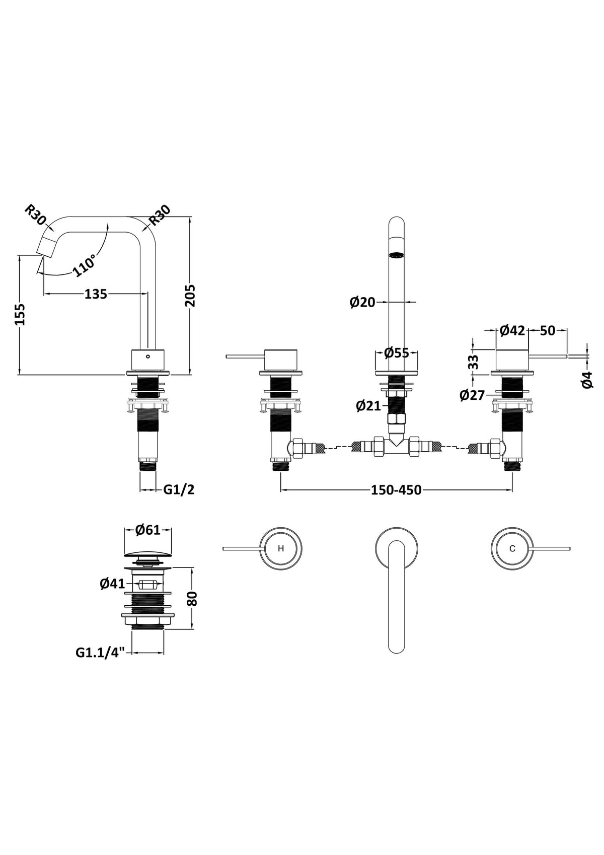 [BTV337P] Penkhull Contemporary 3 Tap Hole Basin Mixer Tap with Minimalist Lever Handles and Waste - Choice of Spout and Colour - Line Drawing