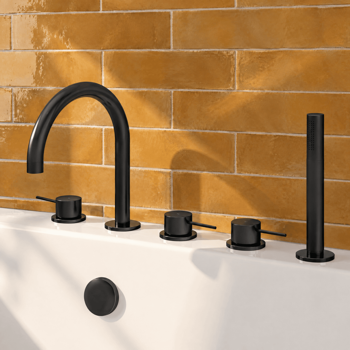 [BTV414C] Penkhull Contemporary 5 Tap Hole Deck Mounted Bath Shower Mixer Tap with Minimalist Lever Handles and Shower Kit - Choice of Spout and Colour - Lifestyle 1