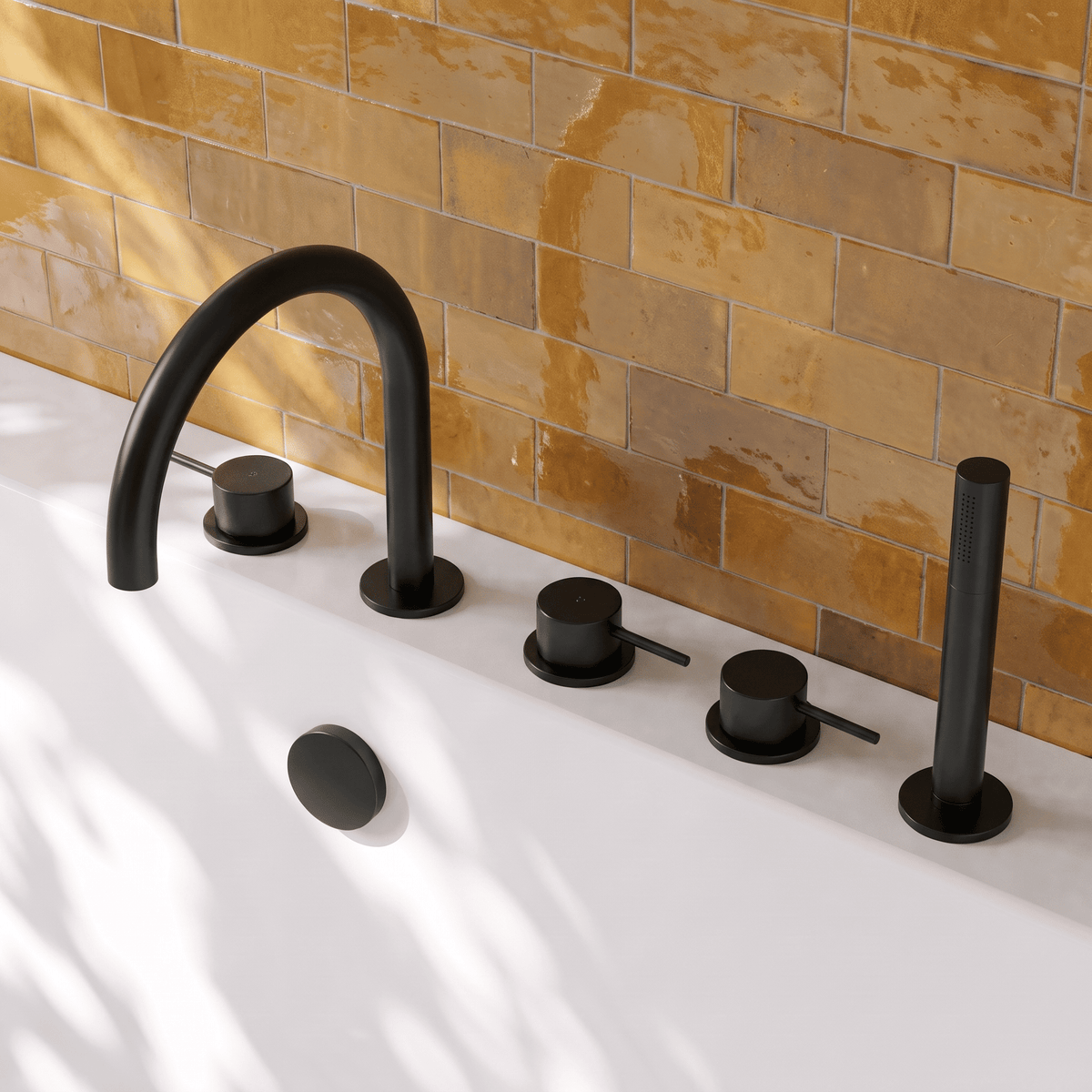 [BTV414C] Penkhull Contemporary 5 Tap Hole Deck Mounted Bath Shower Mixer Tap with Minimalist Lever Handles and Shower Kit - Choice of Spout and Colour - Lifestyle 2