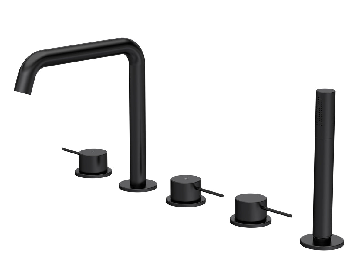 [BTV414P] Penkhull Contemporary 5 Tap Hole Deck Mounted Bath Shower Mixer Tap with Minimalist Lever Handles and Shower Kit - Choice of Spout and Colour - Cutout