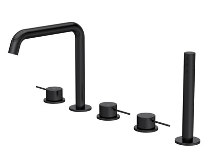 [BTV414P] Penkhull Contemporary 5 Tap Hole Deck Mounted Bath Shower Mixer Tap with Minimalist Lever Handles and Shower Kit - Choice of Spout and Colour - Cutout