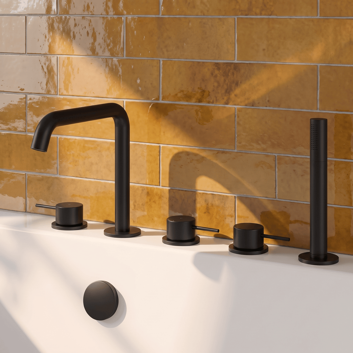 [BTV414P] Penkhull Contemporary 5 Tap Hole Deck Mounted Bath Shower Mixer Tap with Minimalist Lever Handles and Shower Kit - Choice of Spout and Colour - Lifestyle 1