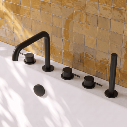 [BTV414P] Penkhull Contemporary 5 Tap Hole Deck Mounted Bath Shower Mixer Tap with Minimalist Lever Handles and Shower Kit - Choice of Spout and Colour - Lifestyle 2