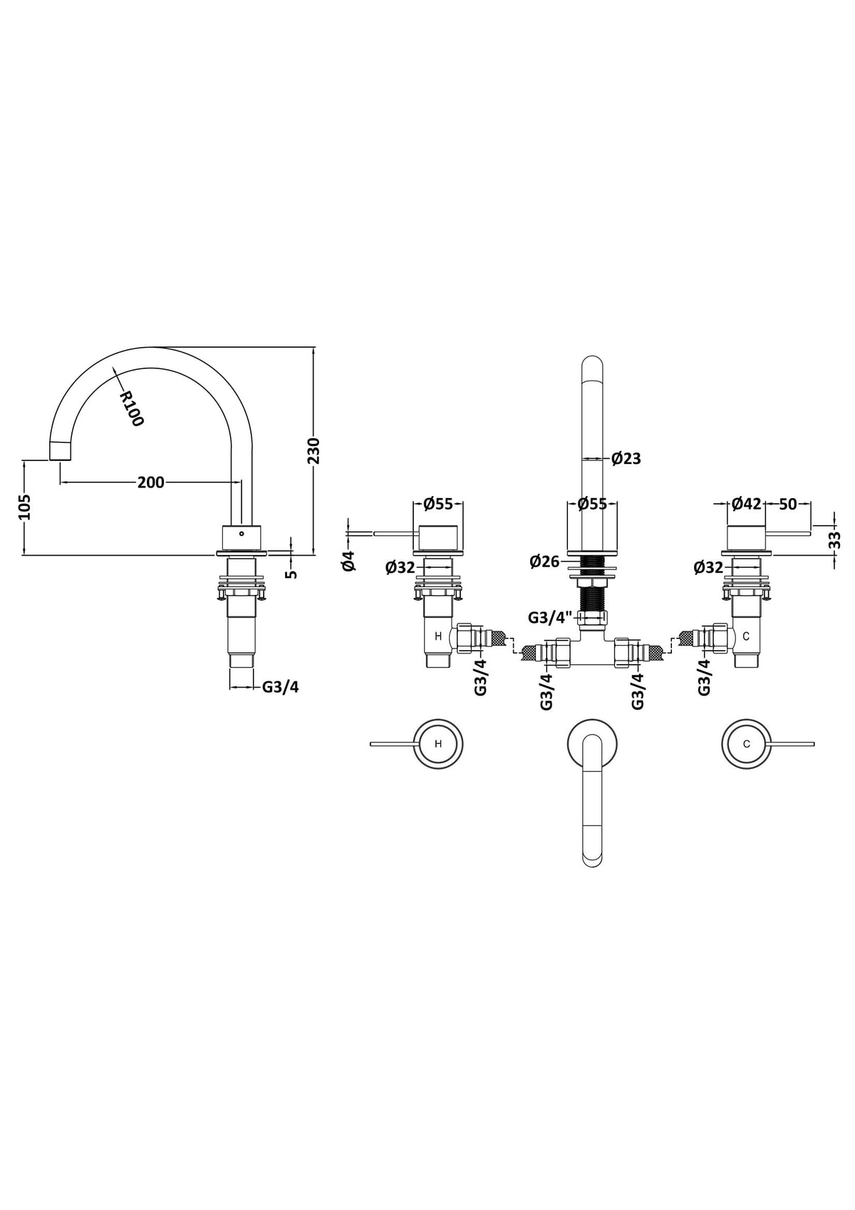 [BTV433C] Penkhull Contemporary 3 Tap Hole Deck Mounted Bath Mixer Tap with Minimalist Lever Handles - Choice of Spout and Colour - Line Drawing