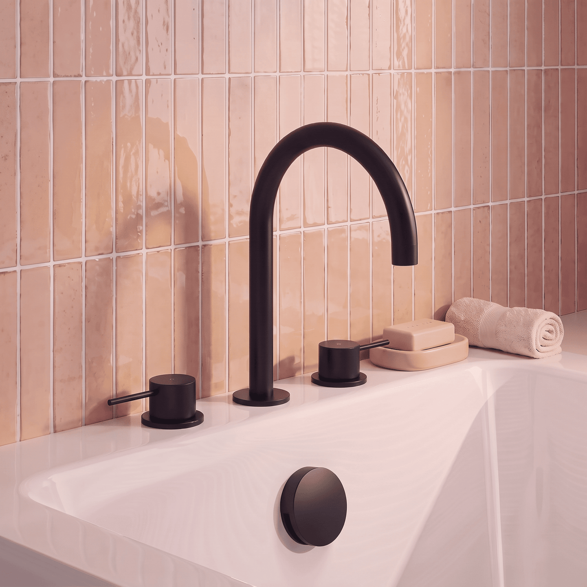 [BTV433C] Penkhull Contemporary 3 Tap Hole Deck Mounted Bath Mixer Tap with Minimalist Lever Handles - Choice of Spout and Colour - Lifestyle 1