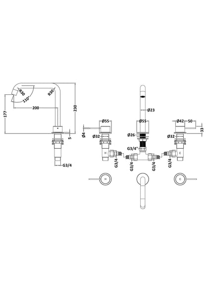 [BTV433P] Penkhull Contemporary 3 Tap Hole Deck Mounted Bath Mixer Tap with Minimalist Lever Handles - Choice of Spout and Colour - Line Drawing