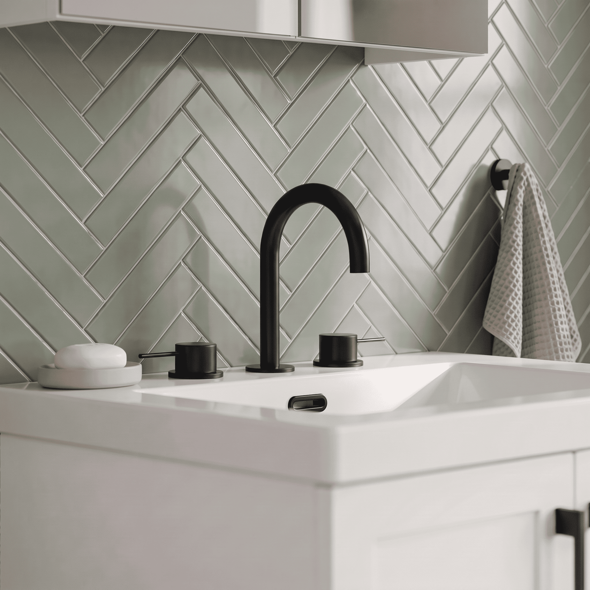[BTV437C] Penkhull Contemporary 3 Tap Hole Basin Mixer Tap with Minimalist Lever Handles and Waste - Choice of Spout and Colour - Lifestyle 1