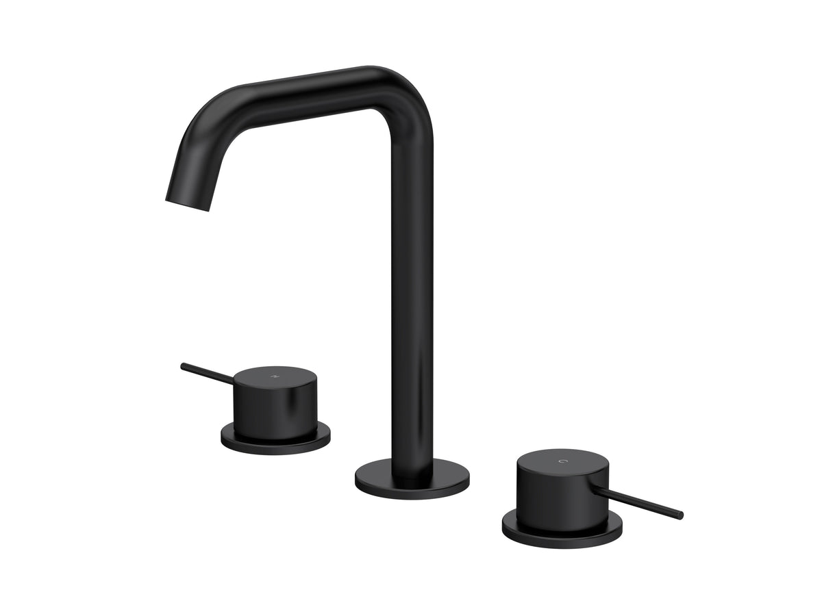 [BTV437P] Penkhull Contemporary 3 Tap Hole Basin Mixer Tap with Minimalist Lever Handles and Waste - Choice of Spout and Colour - Cutout