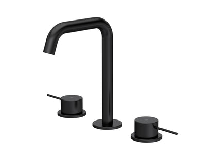 [BTV437P] Penkhull Contemporary 3 Tap Hole Basin Mixer Tap with Minimalist Lever Handles and Waste - Choice of Spout and Colour - Cutout