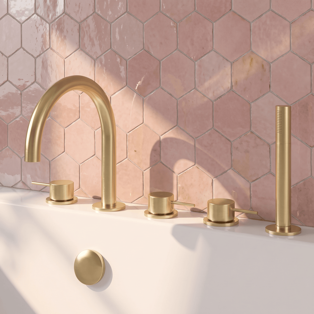 [BTV814C] Penkhull Contemporary 5 Tap Hole Deck Mounted Bath Shower Mixer Tap with Minimalist Lever Handles and Shower Kit - Choice of Spout and Colour - Lifestyle 1