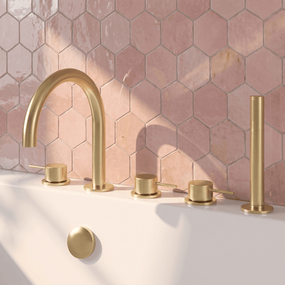 [BTV814C] Penkhull Contemporary 5 Tap Hole Deck Mounted Bath Shower Mixer Tap with Minimalist Lever Handles and Shower Kit - Choice of Spout and Colour - Lifestyle 1