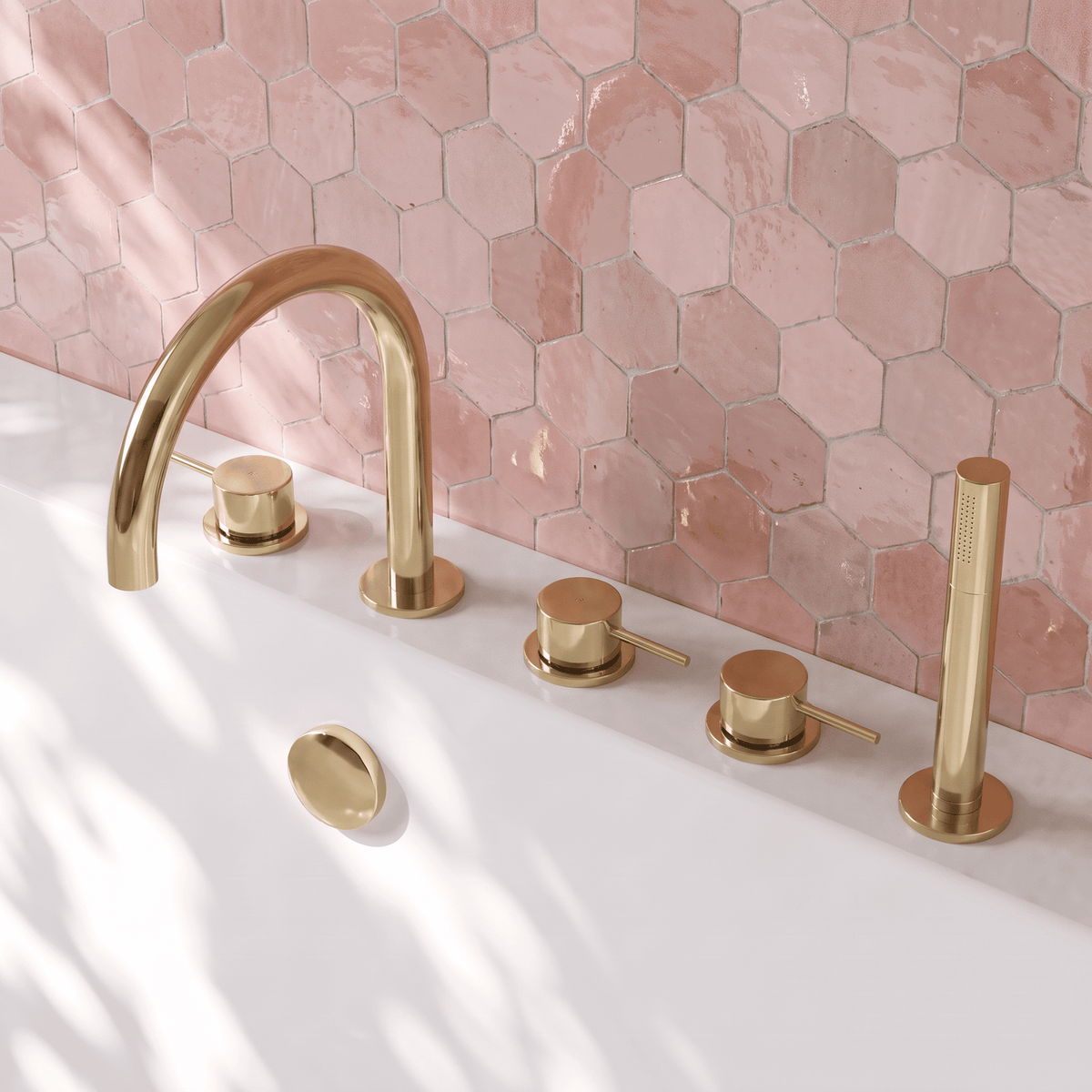 [BTV814C] Penkhull Contemporary 5 Tap Hole Deck Mounted Bath Shower Mixer Tap with Minimalist Lever Handles and Shower Kit - Choice of Spout and Colour - Lifestyle 2