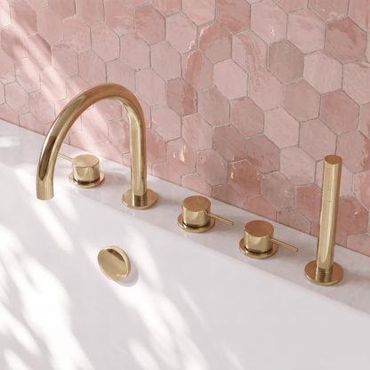 [BTV814C] Penkhull Contemporary 5 Tap Hole Deck Mounted Bath Shower Mixer Tap with Minimalist Lever Handles and Shower Kit - Choice of Spout and Colour - Lifestyle 2