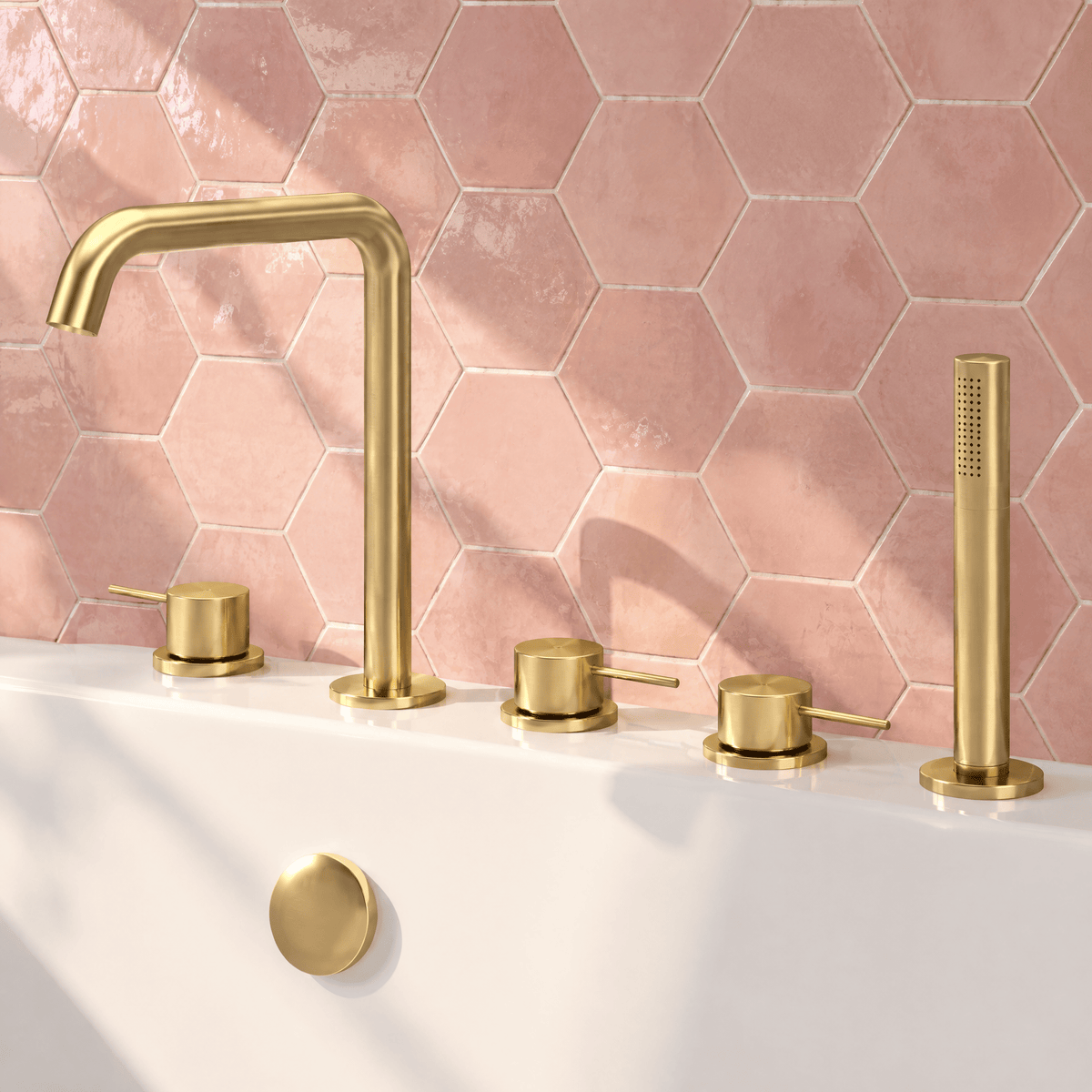 [BTV814P] Penkhull Contemporary 5 Tap Hole Deck Mounted Bath Shower Mixer Tap with Minimalist Lever Handles and Shower Kit - Choice of Spout and Colour - Lifestyle 1