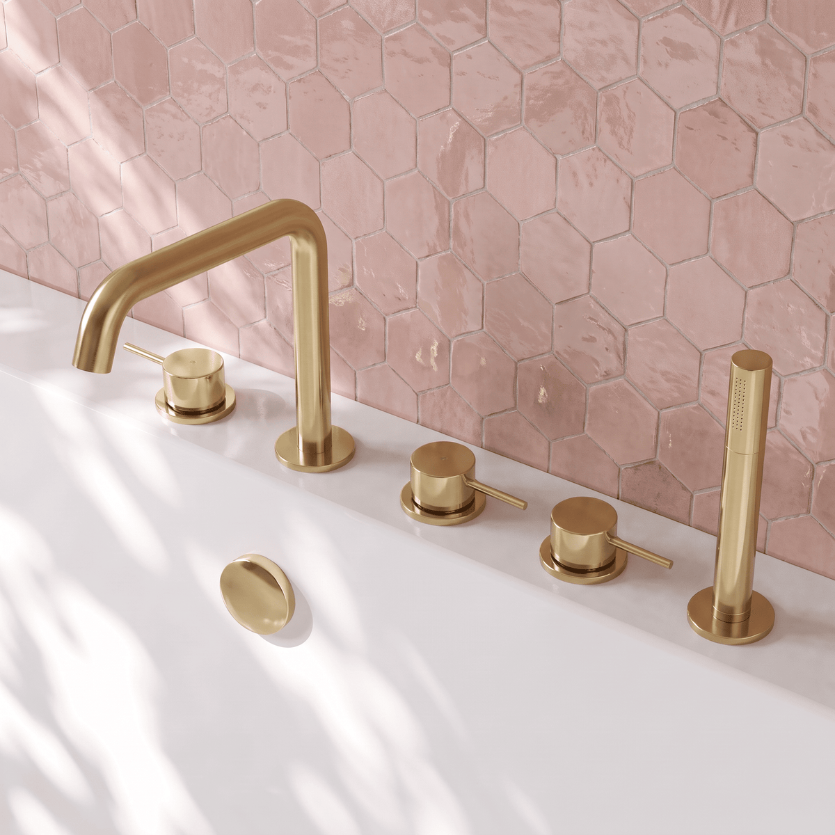 [BTV814P] Penkhull Contemporary 5 Tap Hole Deck Mounted Bath Shower Mixer Tap with Minimalist Lever Handles and Shower Kit - Choice of Spout and Colour - Lifestyle 2
